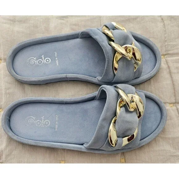 Golo Trieste Suede Slide in Celeste Blue with Gold Chain Link Accent Size 7